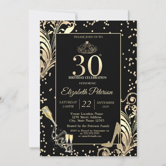 Invitation Tiara Glitter Heels Diamonds Swirls 30th Birthday (Devant)
