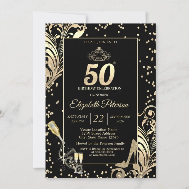 Invitation Tiara Glitter Heels Diamonds Swirls 50th Birthday (Devant)