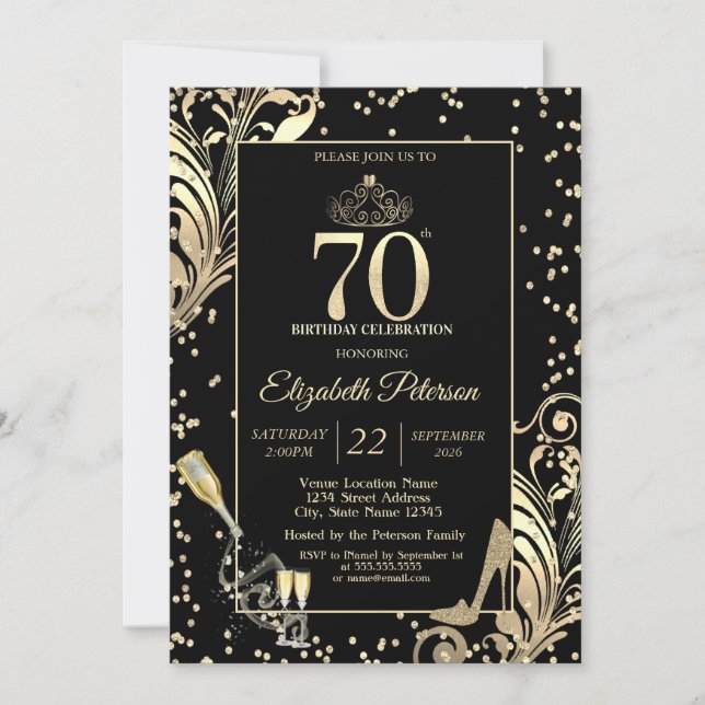 Invitation Tiara Glitter Heels Diamonds Swirls 70th Birthday (Devant)