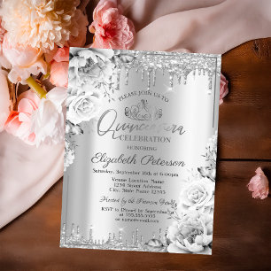Invitation Tiara, gouttes de paillettes argentées Fleurs Quin