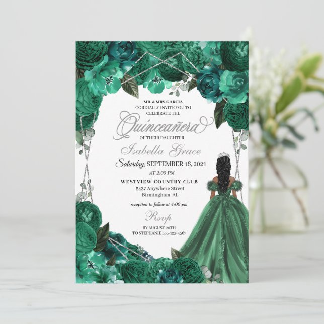 Invitation Tiara Green Princess Ball Gown Quinceanera (Debout devant)