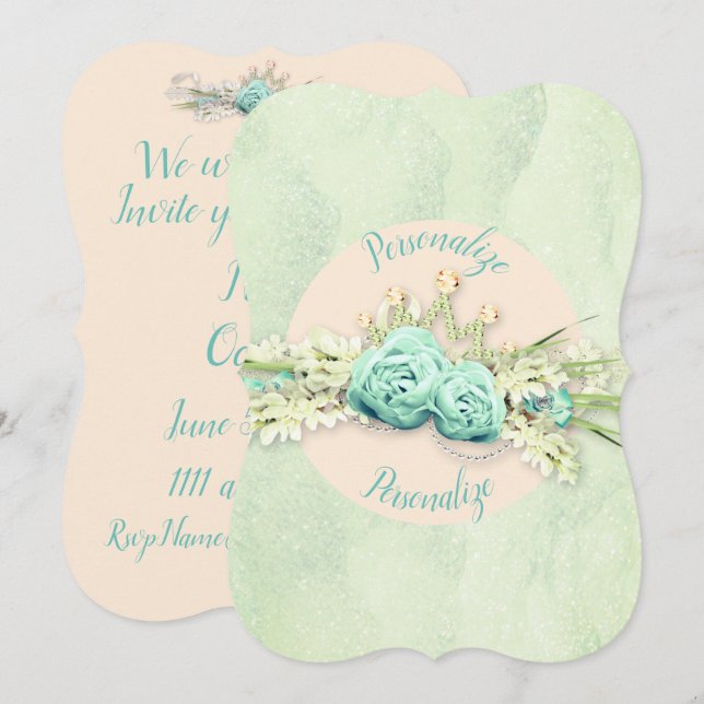 Invitation Tiara losange floral et crème menthe dentelle turq (Devant / Derrière)