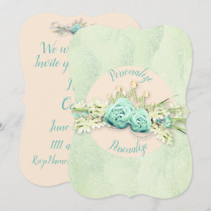 Invitation Tiara losange floral et crème menthe dentelle turq