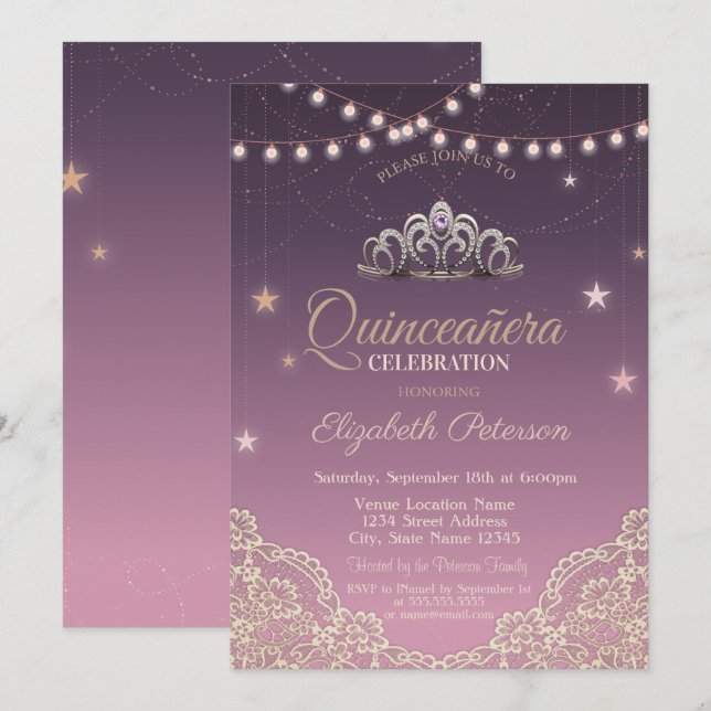 Invitation Tiara, Lumières à cordes, Dentelle Quinceañera (Devant / Derrière)