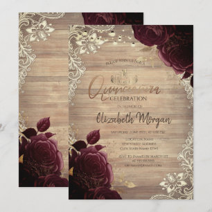 Invitation Tiara, Lumières, Bois Bourgogne Roses dentelle Qui