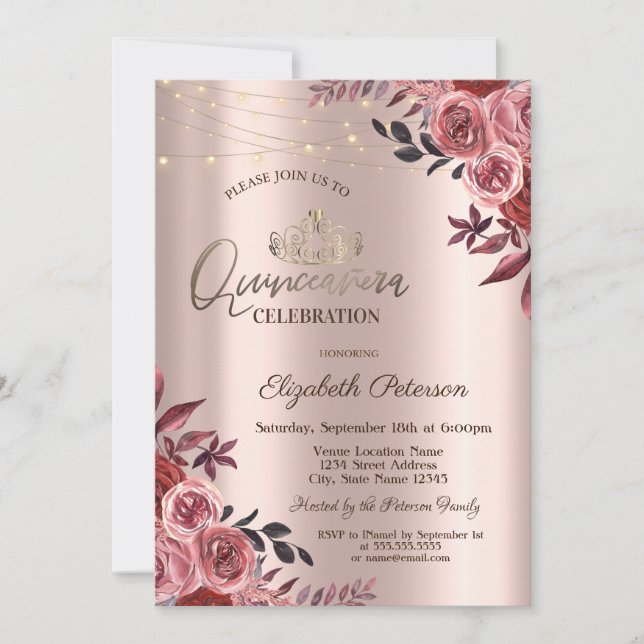 Invitation Tiara, Lumières Chic Bourgogne Roses Quinceañera (Devant)