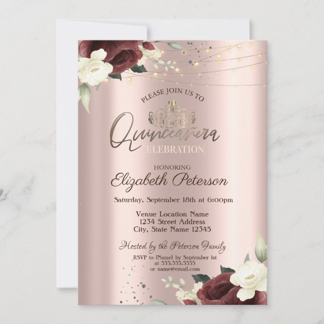 Invitation Tiara, Lumières, Roses Bourgogne, Rose Gold Quince (Devant)