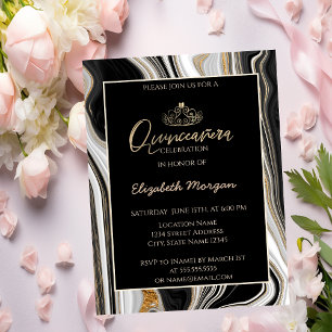 Invitation Tiara Moderne Élégant en Or, Marbre Noir Doré