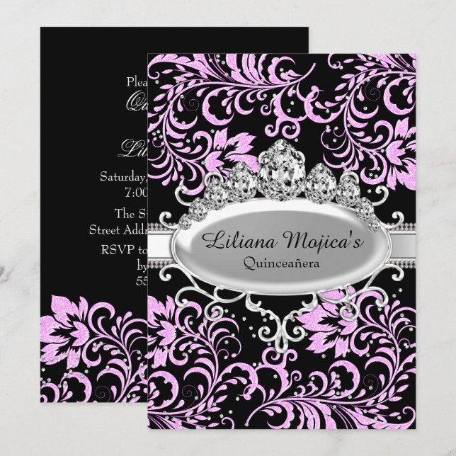 Invitation Tiara noir rose & Parties scintillant Quinceanera  (Devant / Derrière)
