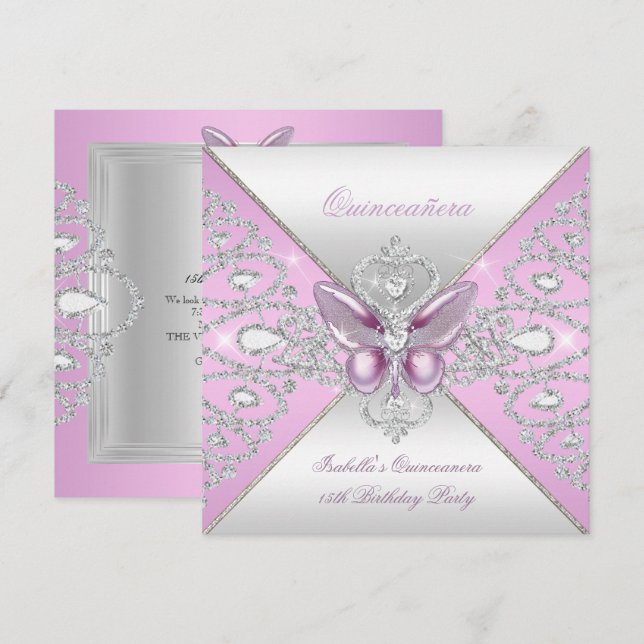 Invitation Tiara papillon rose Quinceanera 15ème parti (Devant / Derrière)