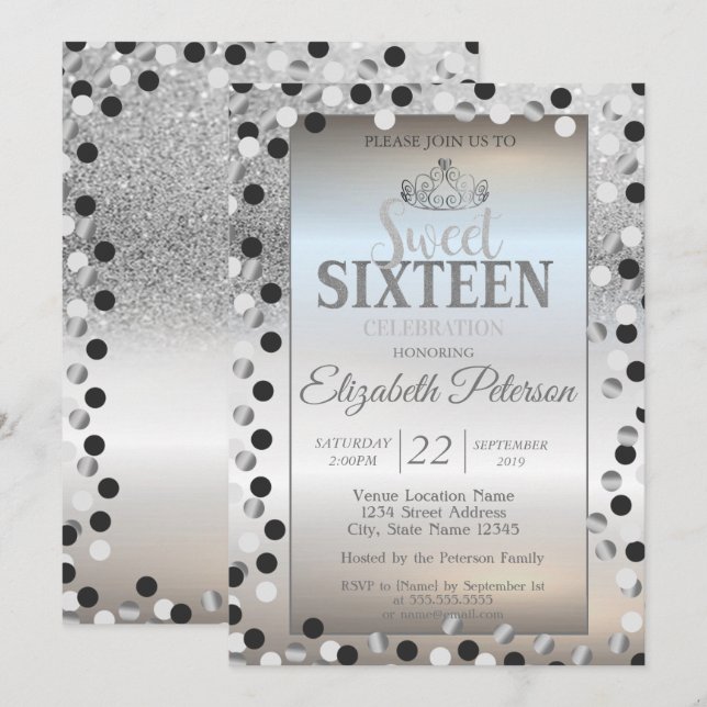 Invitation Tiara, Parties scintillant Argent Bokeh Dots Sweet (Devant / Derrière)