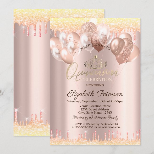 Invitation Tiara, Parties scintillant Ballons Quinceañera (Devant / Derrière)