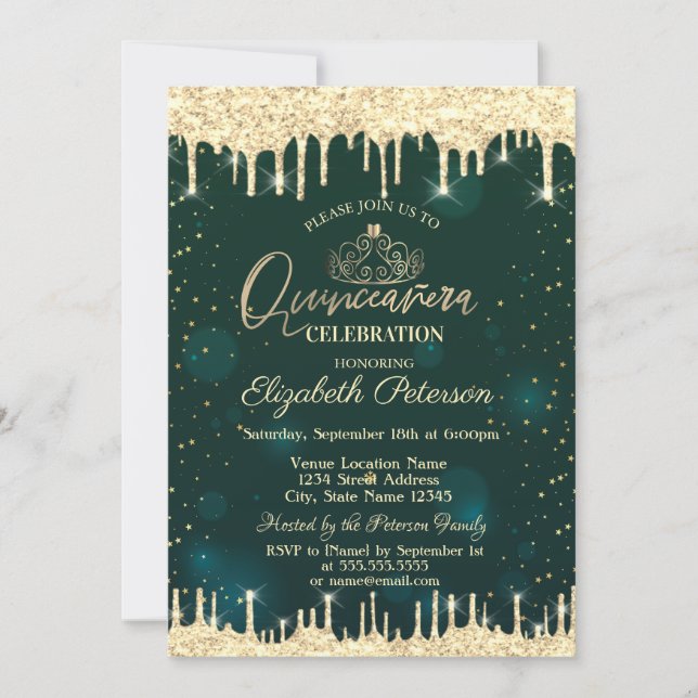 Invitation Tiara, Parties scintillant d'or Étoiles Verte Quin (Devant)
