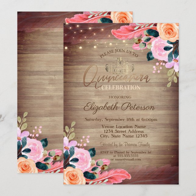 Invitation Tiara, Plumes Florales Bois Quinceañera (Devant / Derrière)
