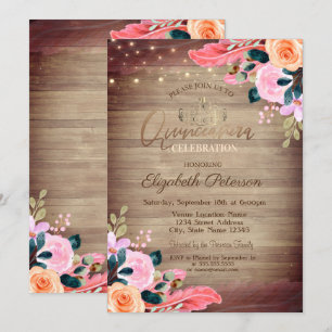 Invitation Tiara, Plumes Florales Bois Quinceañera