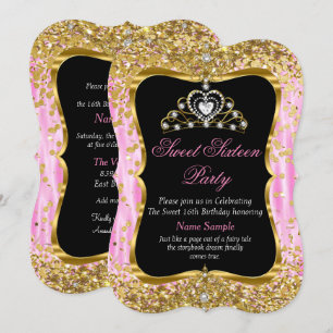 Invitation Tiara Princesse Sweet 16 Rose Or Noir