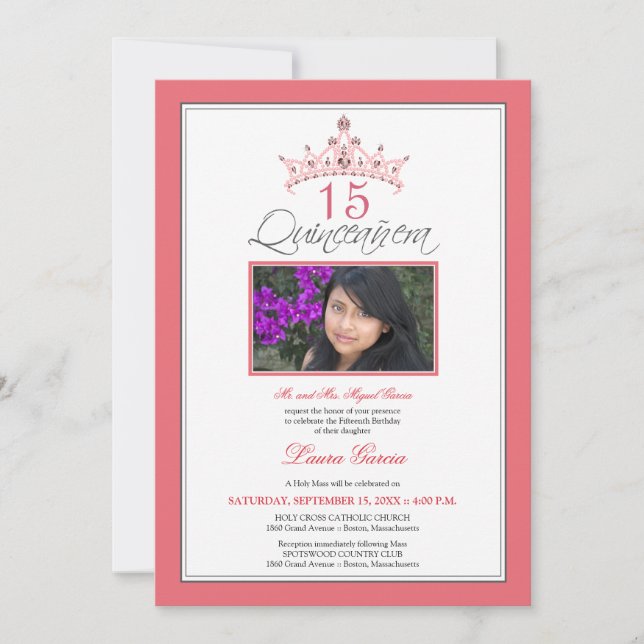 Invitation Tiara Quinceanera à la bijouterie rose  (Devant)