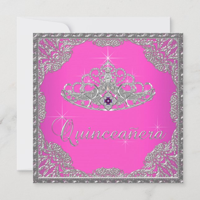 Invitation Tiara Quinceanera rose chaud (Devant)