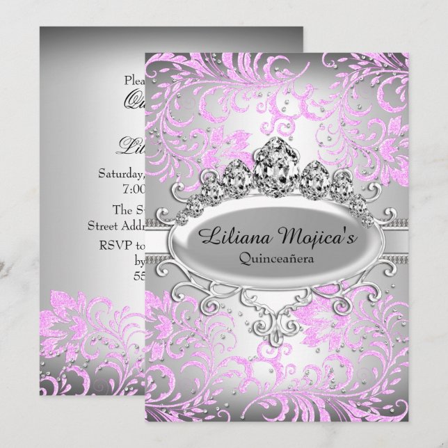 Invitation Tiara rose argenté et Parties scintillant Quincean (Devant / Derrière)