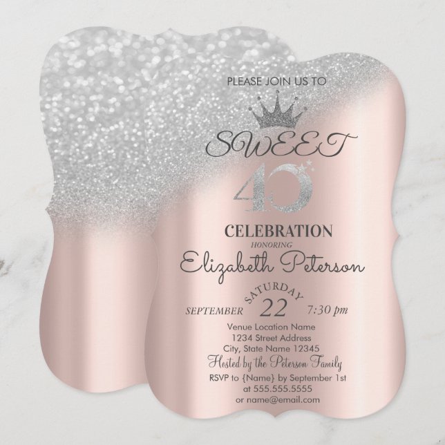 Invitation Tiara, Rose Gold Sweet 40e Parties scintillant Bok (Devant / Derrière)