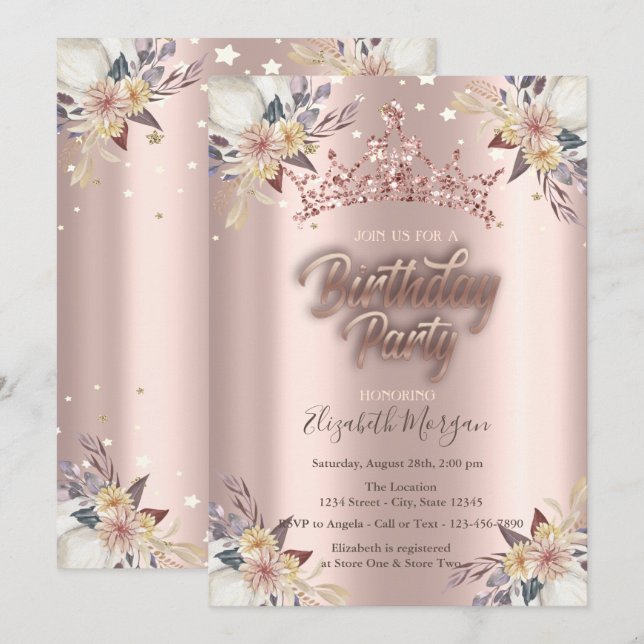 Invitation Tiara Stars Fleurs Rose Gold Anniversaire (Devant / Derrière)