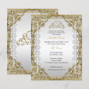 Invitation Tiara White Gold Pearl Lace Damask Anniversaire