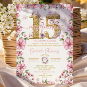 Invitation Tiare Rose Pâle et Or Mis Quince Quinceañera