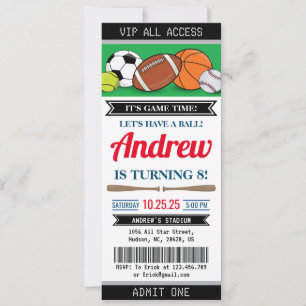 Invitation Ticket d'anniversaire personnalisé All Star Sports