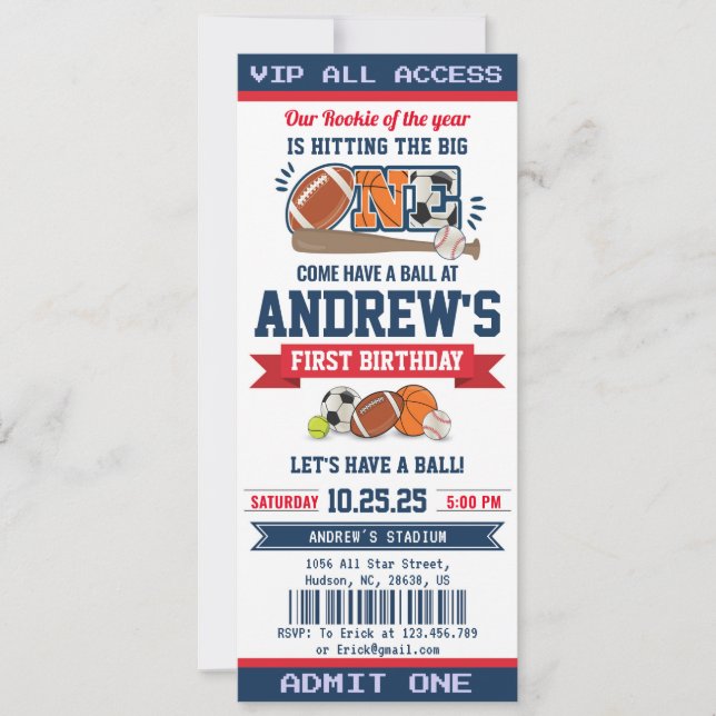 Invitation Ticket d'anniversaire personnel All Star Sport (Devant)