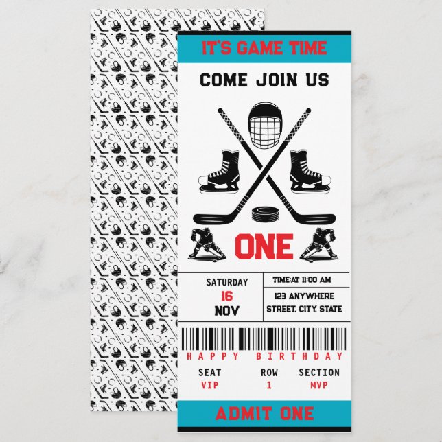 Invitation Ticket de hockey de l’heure du jeu 1er anniversair (Devant / Derrière)