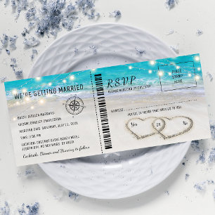 Invitation Ticket de mariage à coeur de plage tropical avec R