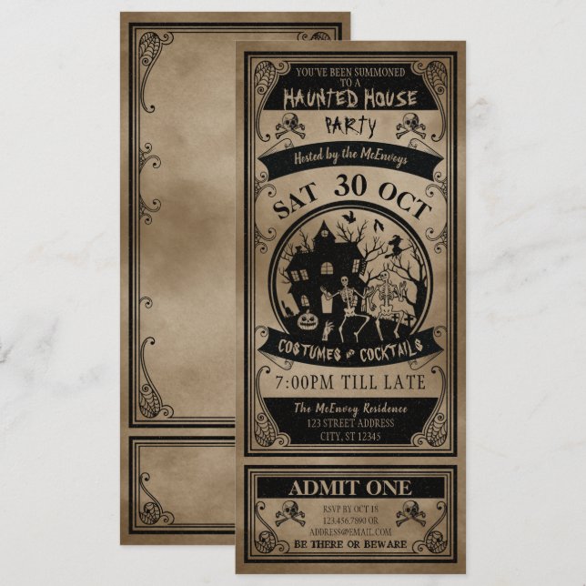 Invitation Ticket Haunted Maison vintage Halloween (Devant / Derrière)