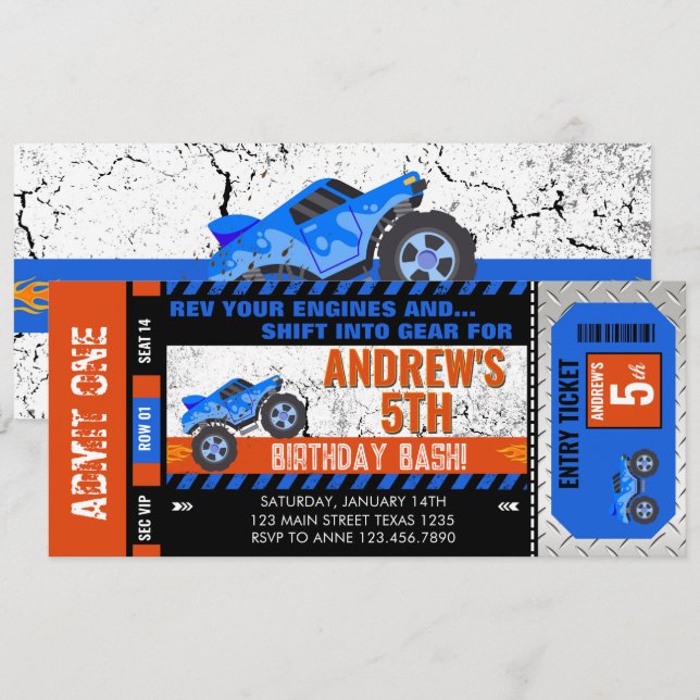 Invitation Ticket pour l'anniversaire Monster Truck (Devant / Derrière)