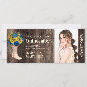 Invitation Ticket Quinceañera Bottes de soleil rustiques Rose