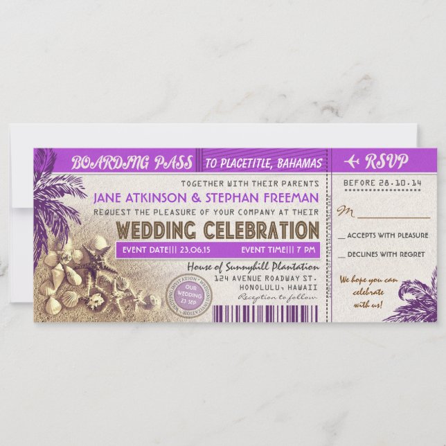 Invitation tickets d'embarquement pour mariage violet (Devant)
