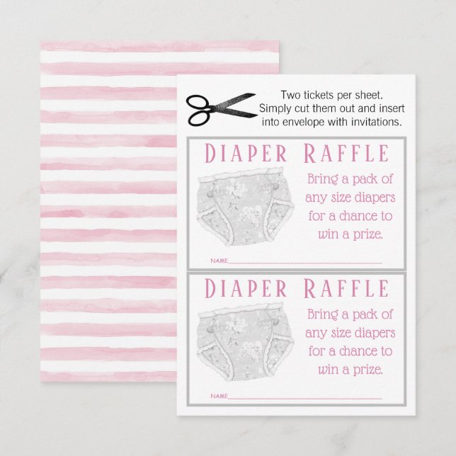 Invitation Tickets Raffle pour fille à couche rose gris (Devant / Derrière)