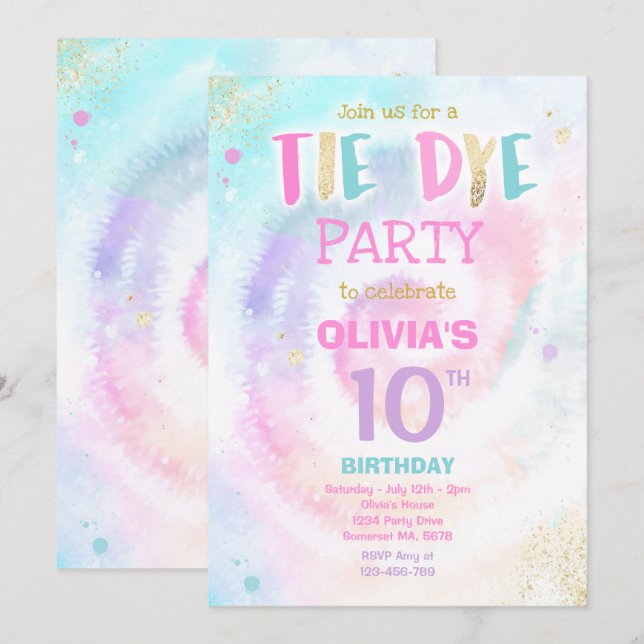Invitation Tie Dye fête d'anniversaire Pastel Tie Dye fête d' (Devant / Derrière)