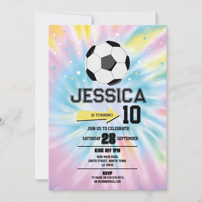 Invitation Tie Dye Football Football Fête Anniversaire Filles (Devant)