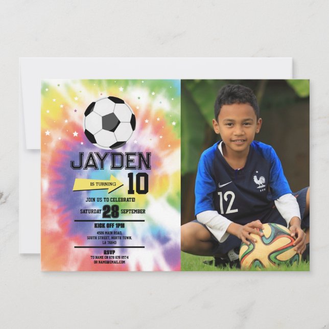 Invitation Tie Dye Football Soccer Anniversaire Fête Garçons  (Devant)