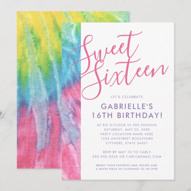 Invitation Tie Dye Hippy Chic Rose Turquoise Sweet 16 Anniver (Devant / Derrière)
