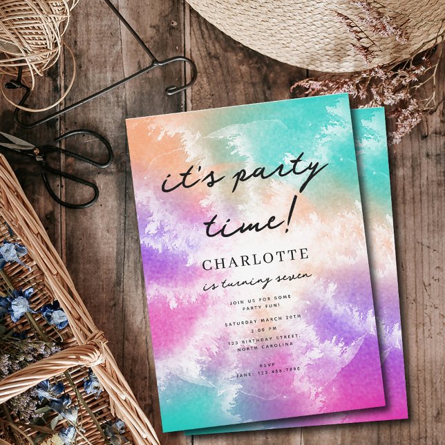 Invitation Tie Dye Pastel Rose Orange Turquoise Violet Annive (Tie Dye Pastel Pink Orange Teal Purple Birthday Invitation)