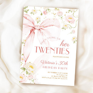 Invitation Tient les Vingt Ans Ruban Rose Floral 30e Annivers