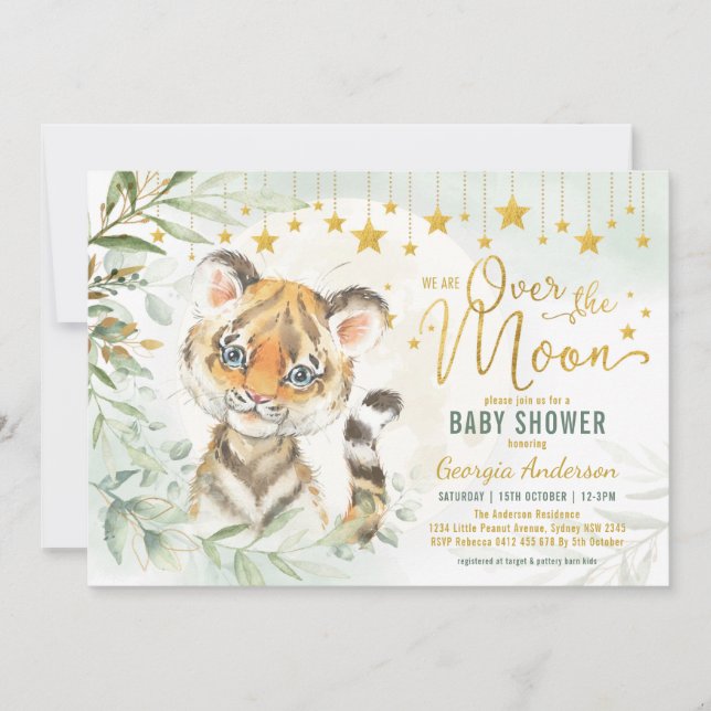 Invitation Tiger Cub Lune & Étoiles Baby shower verdoyant  (Devant)