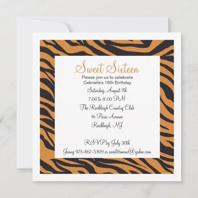 Invitation Tiger Imprimé Girls Seizième anniversaire Invitati (Devant)