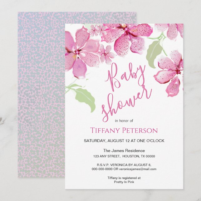 Invitation Tiger Lilly Clematis Floral rose | BABY SHOWER (Devant / Derrière)