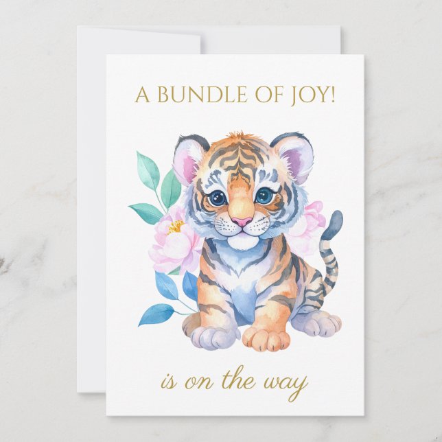 Invitation Tigre bébé personnalisé avec Baby shower de fleurs (Devant)