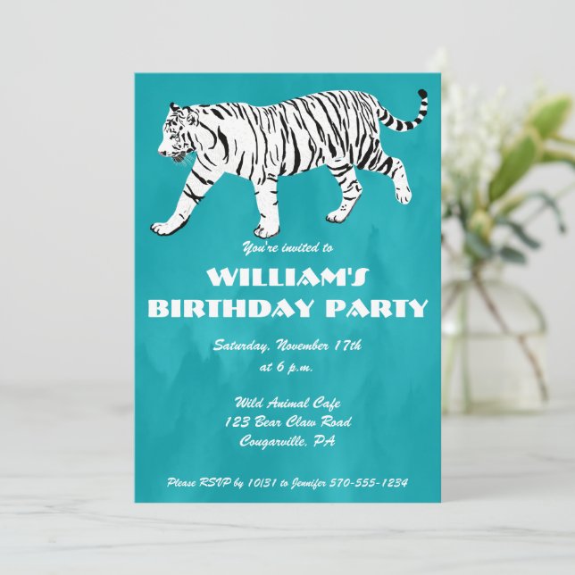 Invitation Tigre blanc Turquoise, Turquoise Blue Anniversaire (Debout devant)