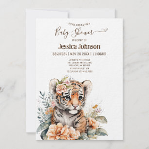 Invitation Tigre d'aquarelle en Baby shower de fleurs
