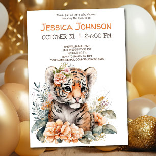 Invitation Tigre d'aquarelle en Baby shower de fleurs