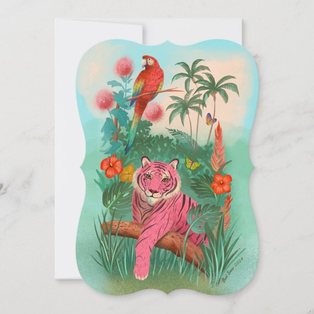 Invitation Tigre rose et perroquet Tropical Jungle Blank (Devant)